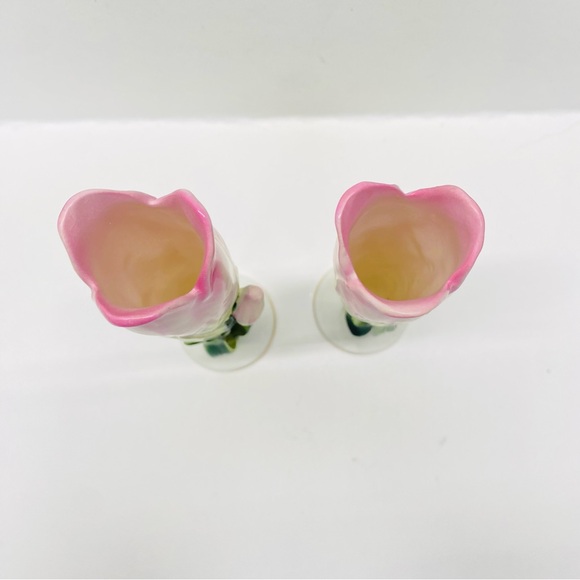 Vintage 2 Lefton Hand Painted Pink & Green Bud Vases Japan Tiny Crazing on Base - Picture 5 of 10